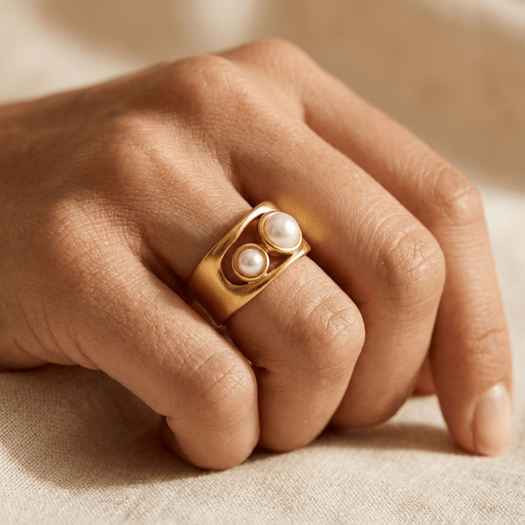 Elegant Gold Pearl Oval Ring