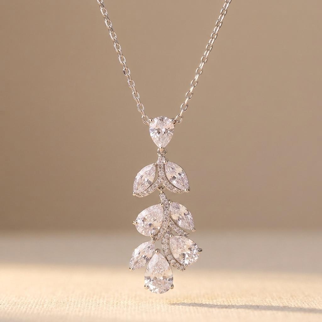 Silver Pear Cut Crystal Leaf Necklace