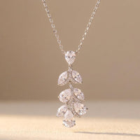 Silver Pear Cut Crystal Leaf Necklace