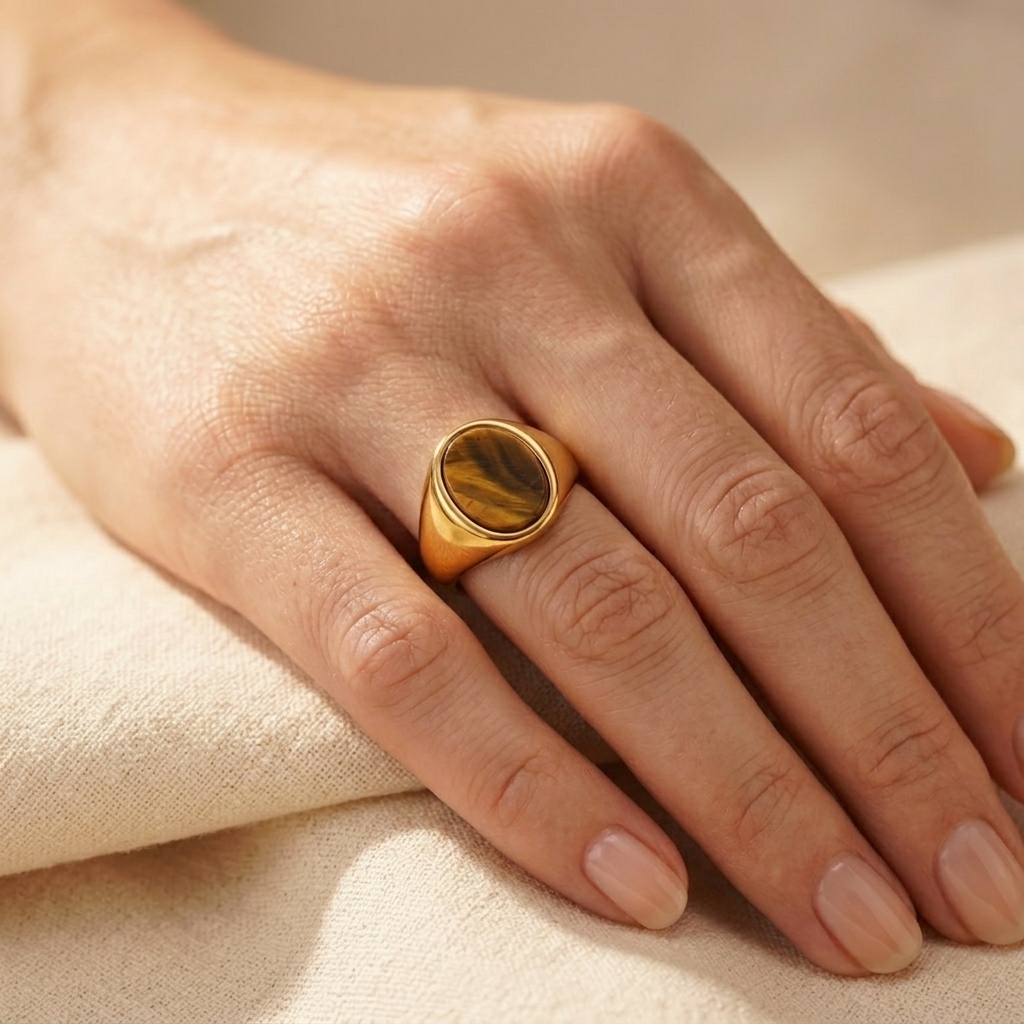 Gold Oval Tiger's Eye Stone Signet Ring