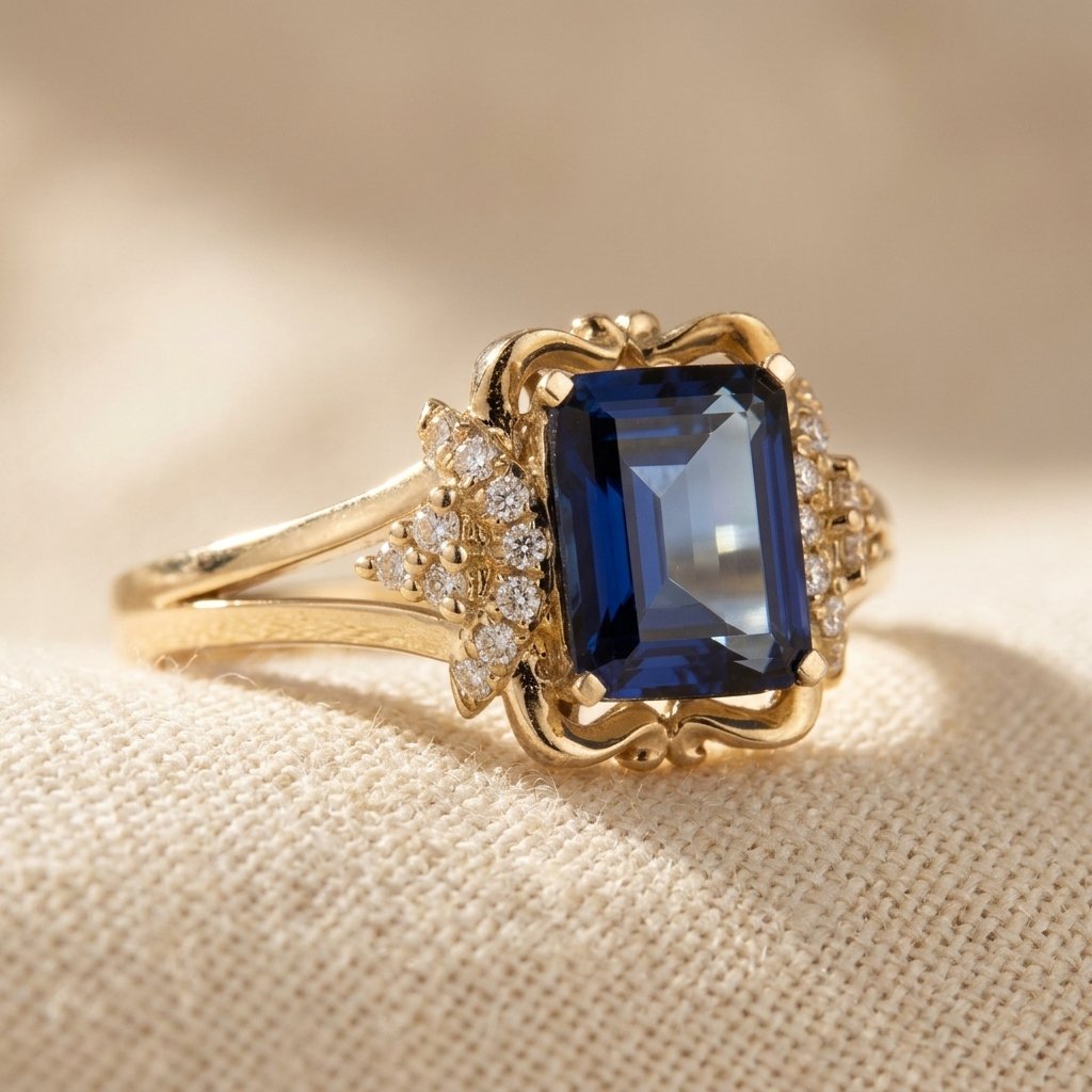Vintage Gold Sapphire Emerald Cut Filigree Ring