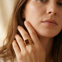 Gold Square Red Agate Statement Ring