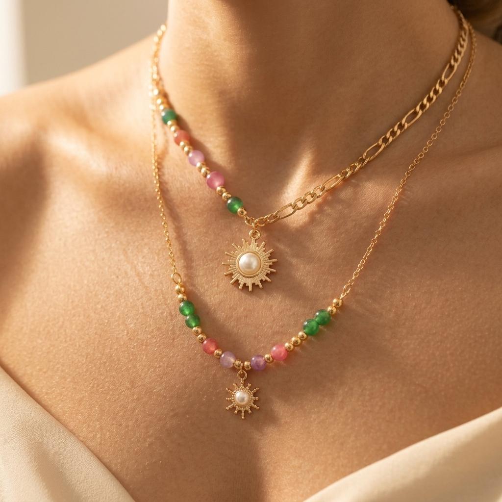 Bohemian Beaded Spiral Sun Pendant Necklace