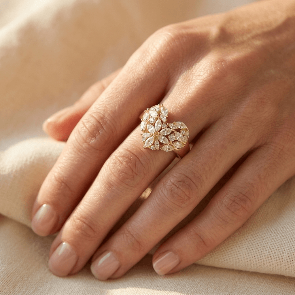 Elegant Golden Synthetic Cubic Zirconia Flower Ring