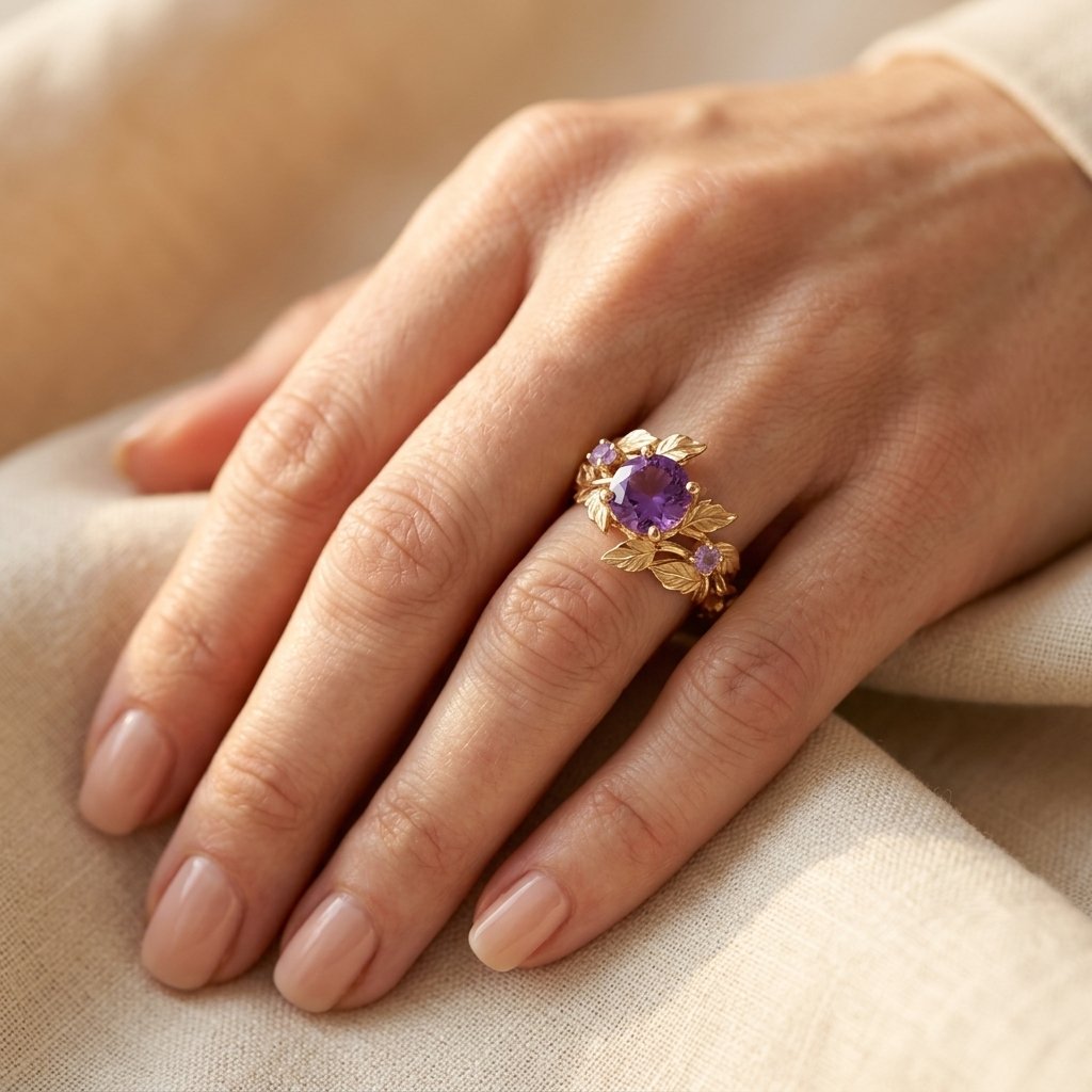 Botanical Gold Amethyst Leaf Vine Ring