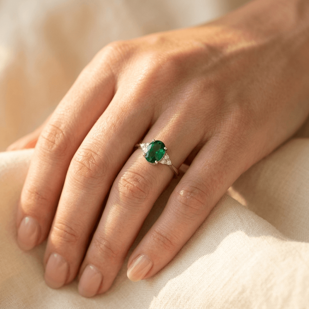 Green Stone Inlaid Silver Stack Ring