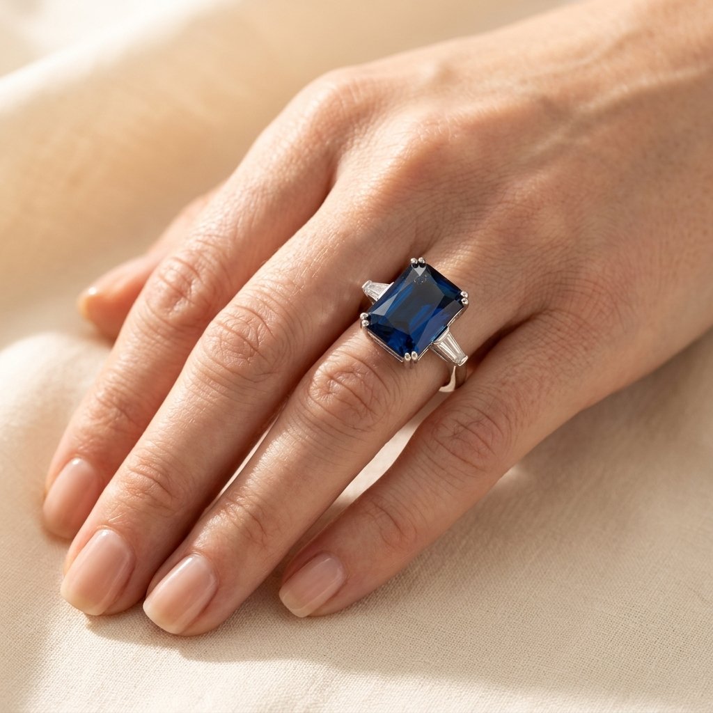 Blue Sapphire Silver Emerald Cut Ring