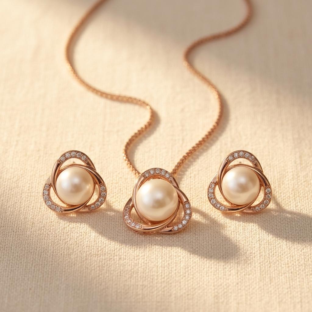 Luxury Pearl Pendant Necklace Earrings Jewelry Set