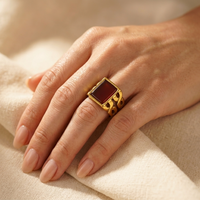 Gold Square Red Agate Statement Ring