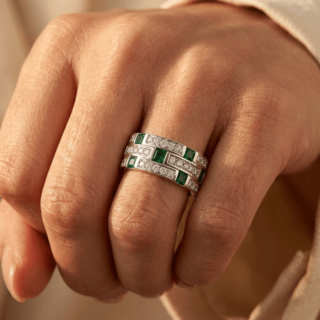 Emerald Green Silver Diamond Band Ring