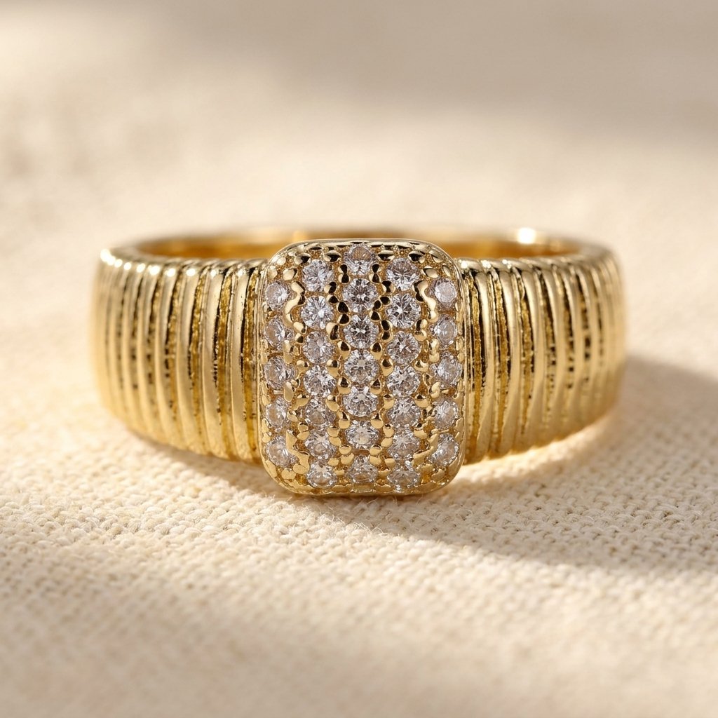 Ribbed Gold Pavé Diamond Signet Ring