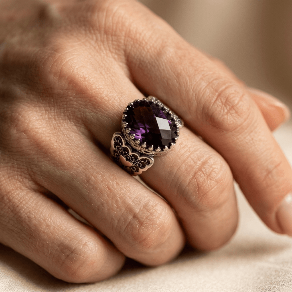 Ethnic Hand Carved Purple Zirconia Heart Ring
