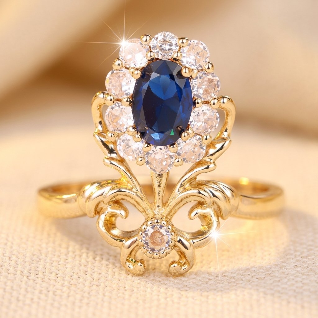 Vintage Gold Sapphire Floral Halo Ring