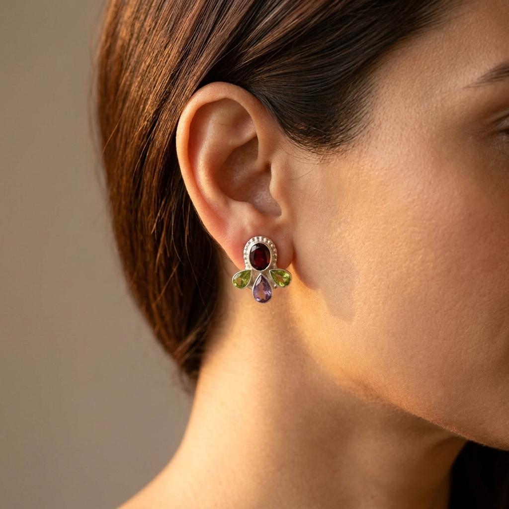 Sterling Silver Multi Gemstone Stud Earrings