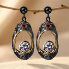 Black Gold Textured Oval Crystal Dangle Earrings