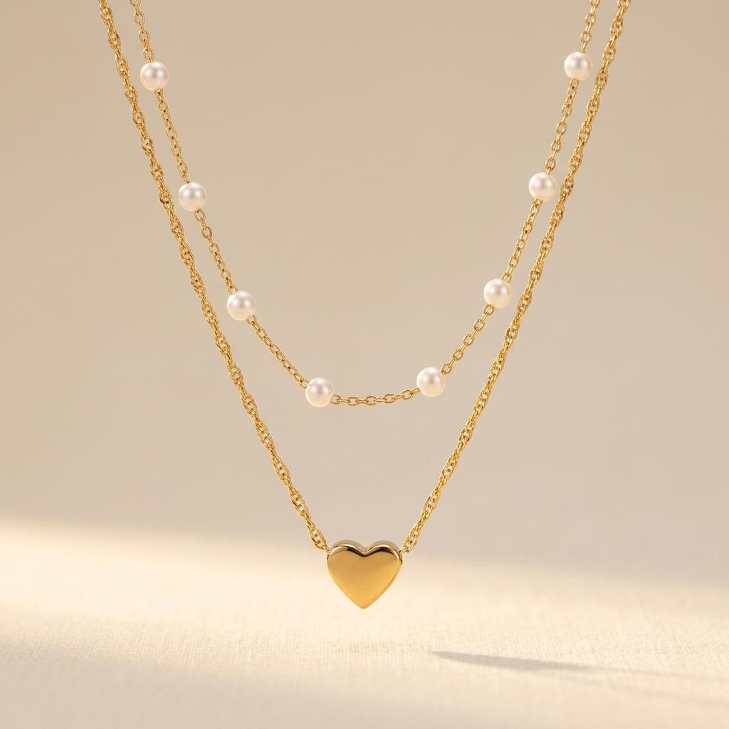 Geometric Beaded Heart Pendant Alloy Necklace