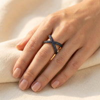 Criss Cross Gold Blue Sapphire Pave Ring