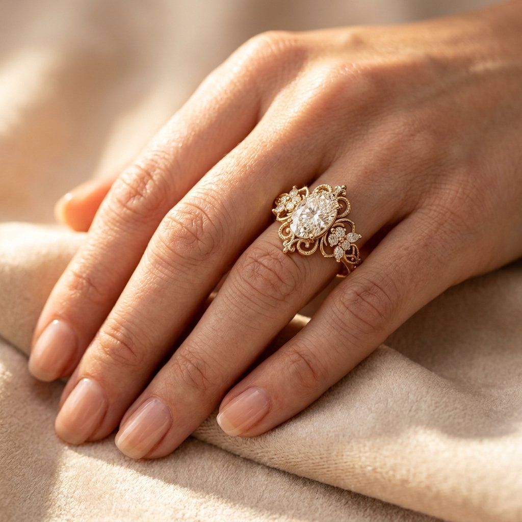 Vintage Gold Filigree Oval Diamond Ring