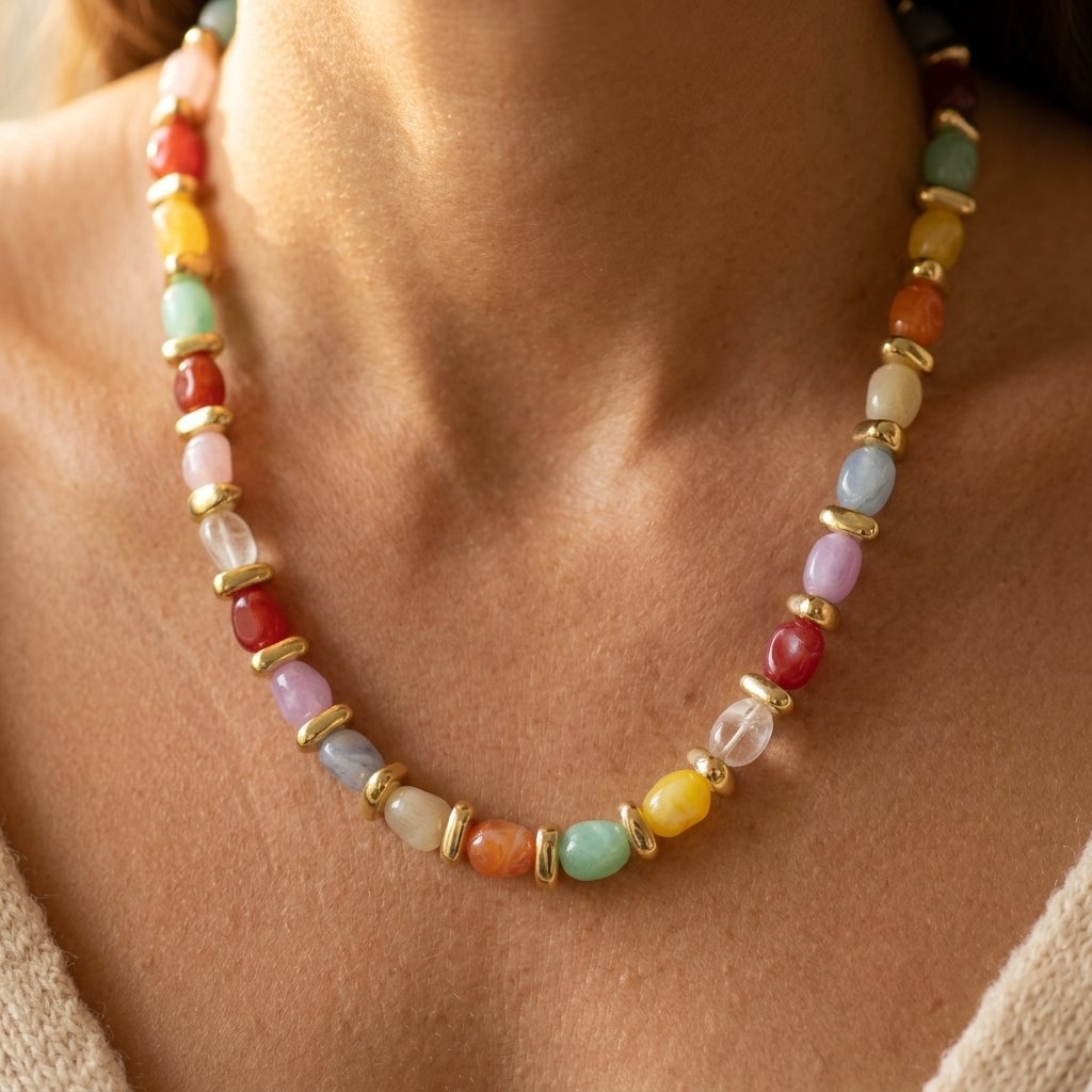Colorful Gold Oval Beaded Necklace