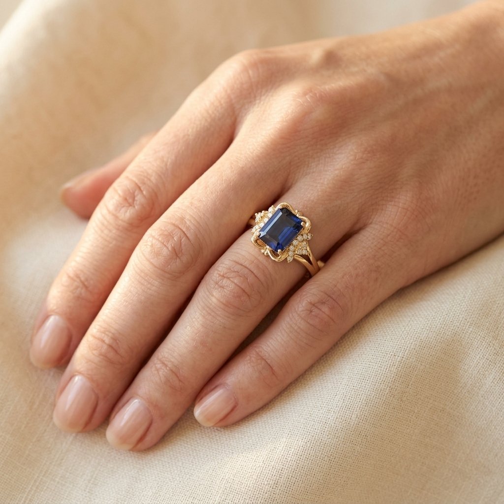 Vintage Gold Sapphire Emerald Cut Filigree Ring