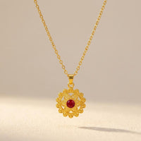 Vintage Gold Filigree Flower Pendant Necklace with Red Ruby Crystal