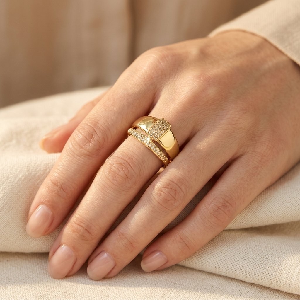 Modern Gold Pavé Rectangle Double Band Ring