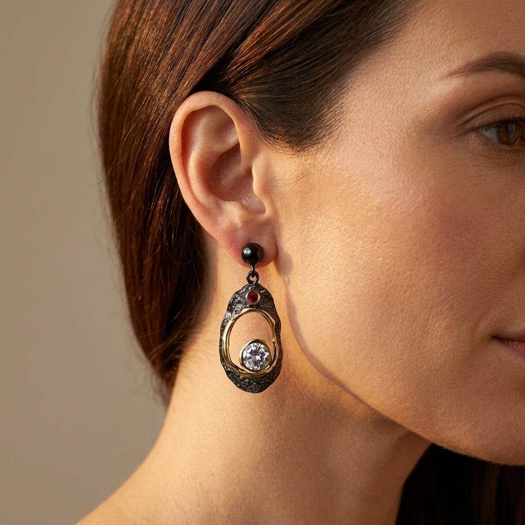 Black Gold Textured Oval Crystal Dangle Earrings