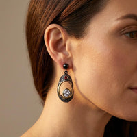Black Gold Textured Oval Crystal Dangle Earrings
