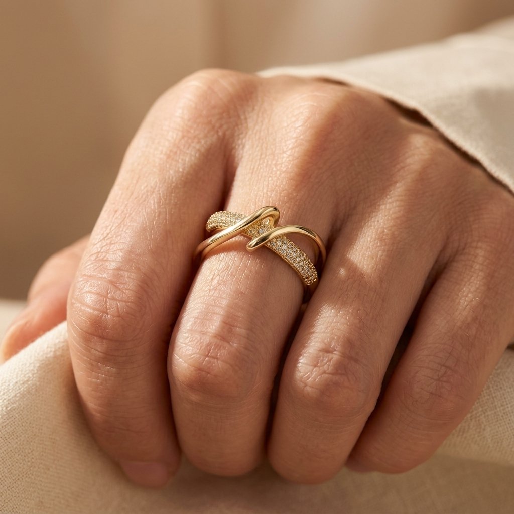 Crossover Gold Pavé Cubic Zirconia Open Ring