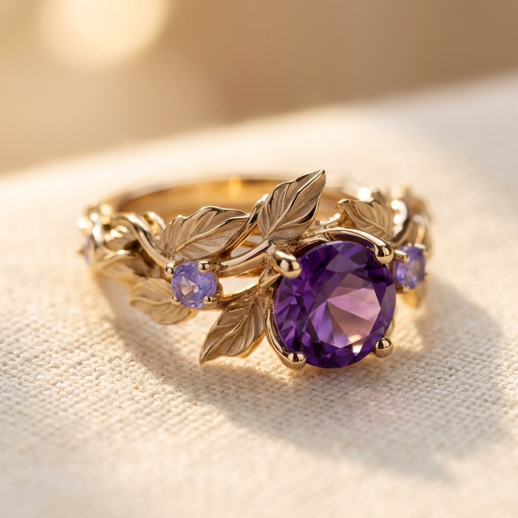 Botanical Gold Amethyst Leaf Vine Ring