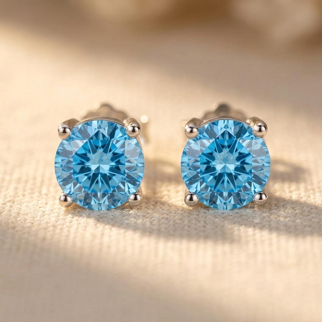 Blue Cubic Zirconia Round Stud Earrings
