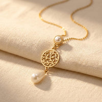 Elegant Floral Pearl Pendant Necklace Golden