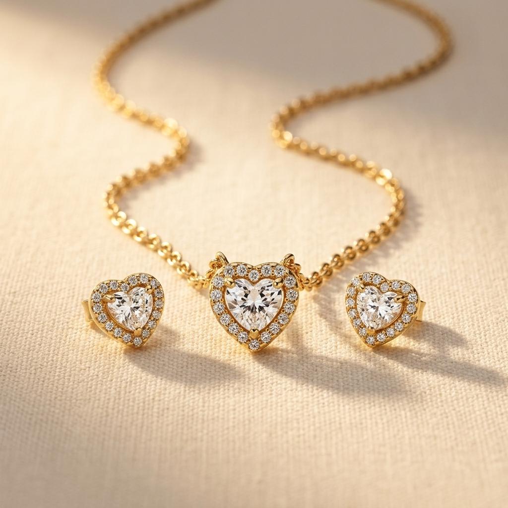 Elegant Gold Heart Pendant Necklace Earring Jewelry Set