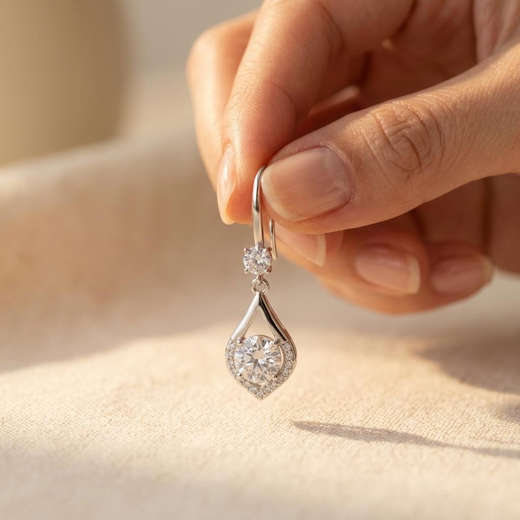 Sterling Silver Teardrop Diamond Dangle Earrings