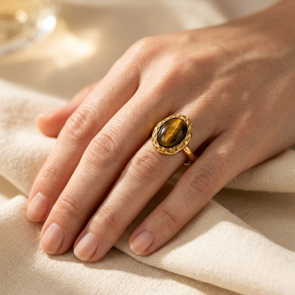 Gold Tigers Eye Oval Statement Ring