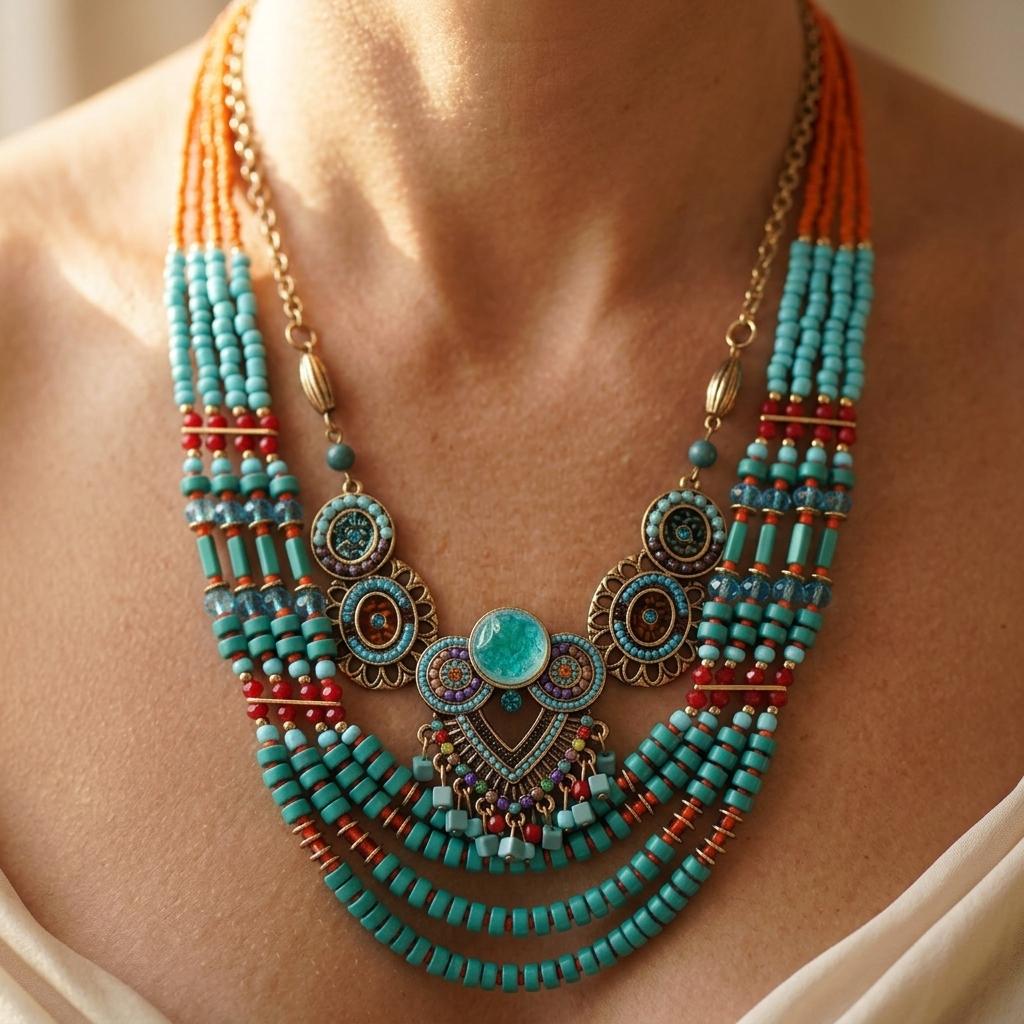 Vintage Bohemian Beaded Jewelry Set Heart Pendant