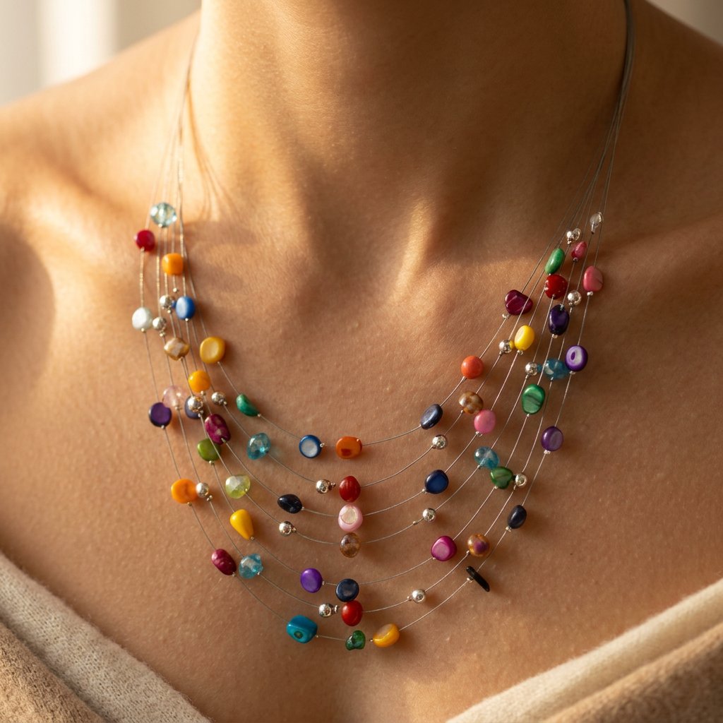 Colorful Silver Multi Gemstone Layered Necklace