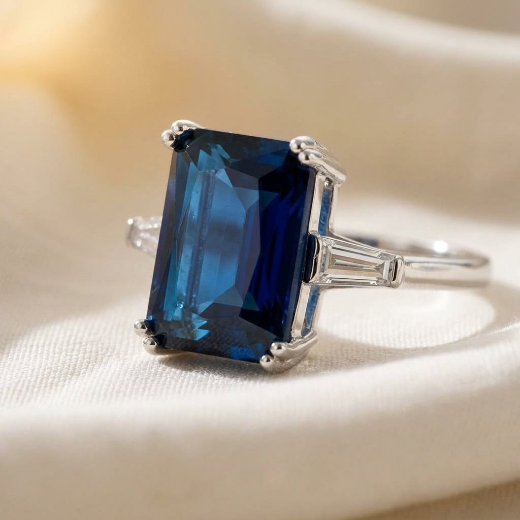 Blue Sapphire Silver Emerald Cut Ring
