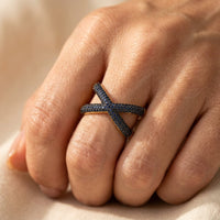 Criss Cross Gold Blue Sapphire Pave Ring