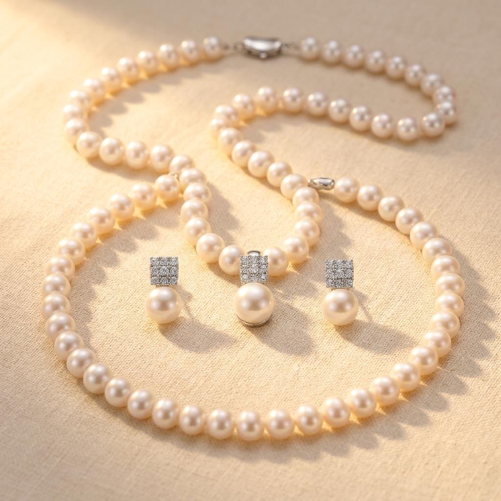 Pearl Round Necklace Earrings Jewelry Set