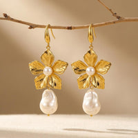 Gold Flower Pearl Drop Earrings