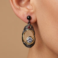 Black Gold Textured Oval Crystal Dangle Earrings