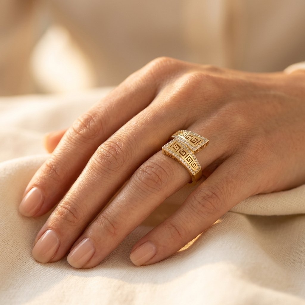 Greek Key Gold Pavé Diamond Open Ring