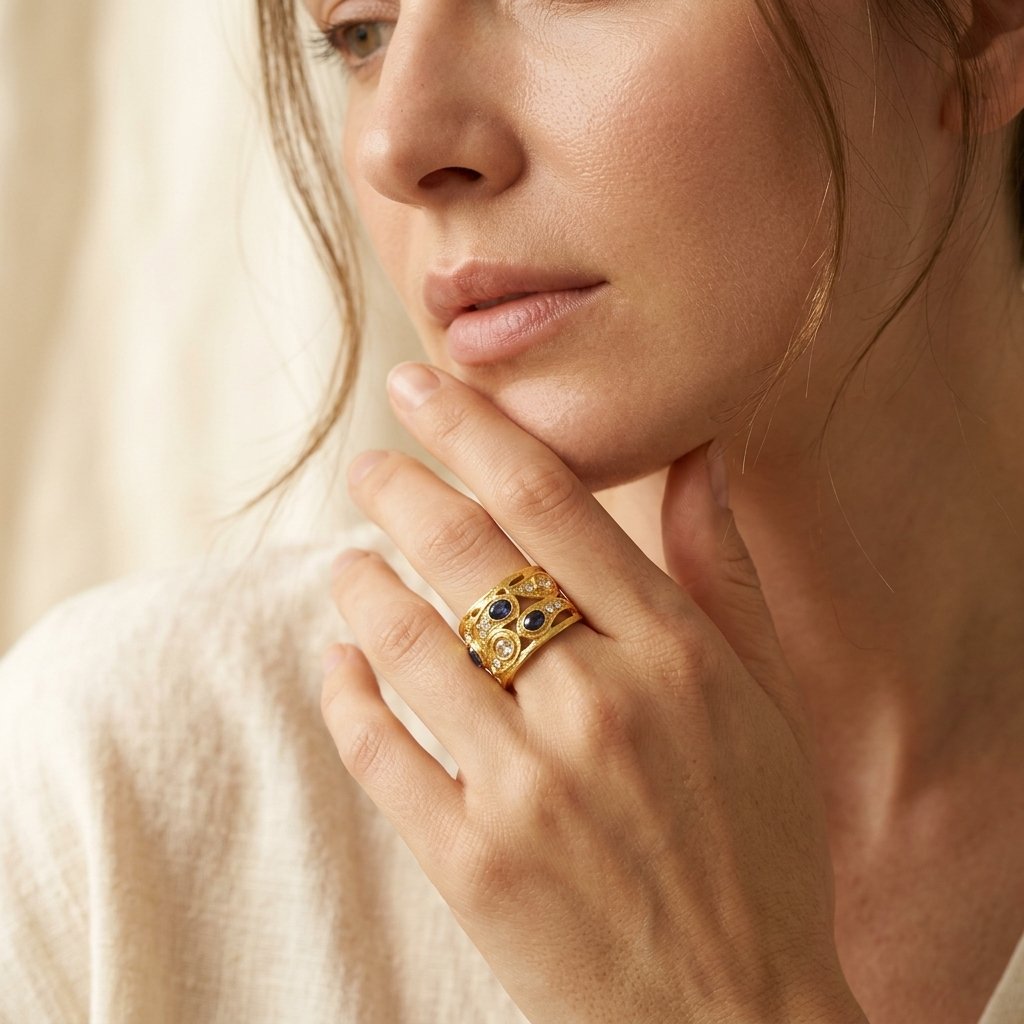 Vintage Gold Sapphire Blue Openwork Band Ring