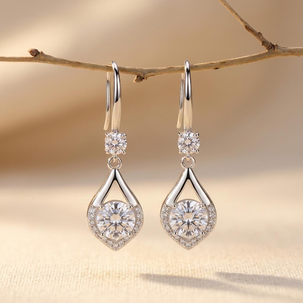 Sterling Silver Teardrop Diamond Dangle Earrings
