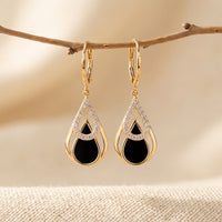 Gold Black Onyx Teardrop Cubic Zirconia Earrings