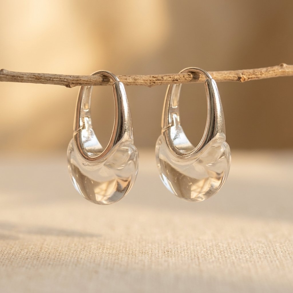 Clear Bubble Glass Silver Hoop Earrings