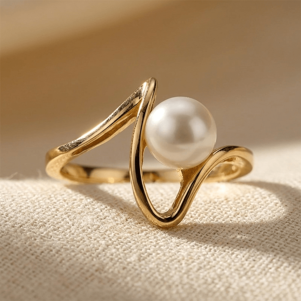 Gold Pearl Asymmetric Open Ring