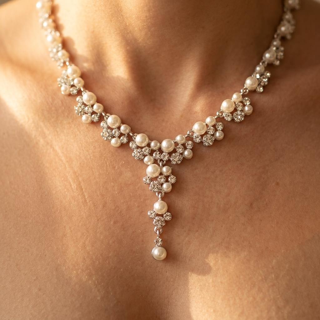 Elegant Pearl Gold Necklace Earrings Jewelry Set