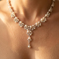 Elegant Pearl Gold Necklace Earrings Jewelry Set